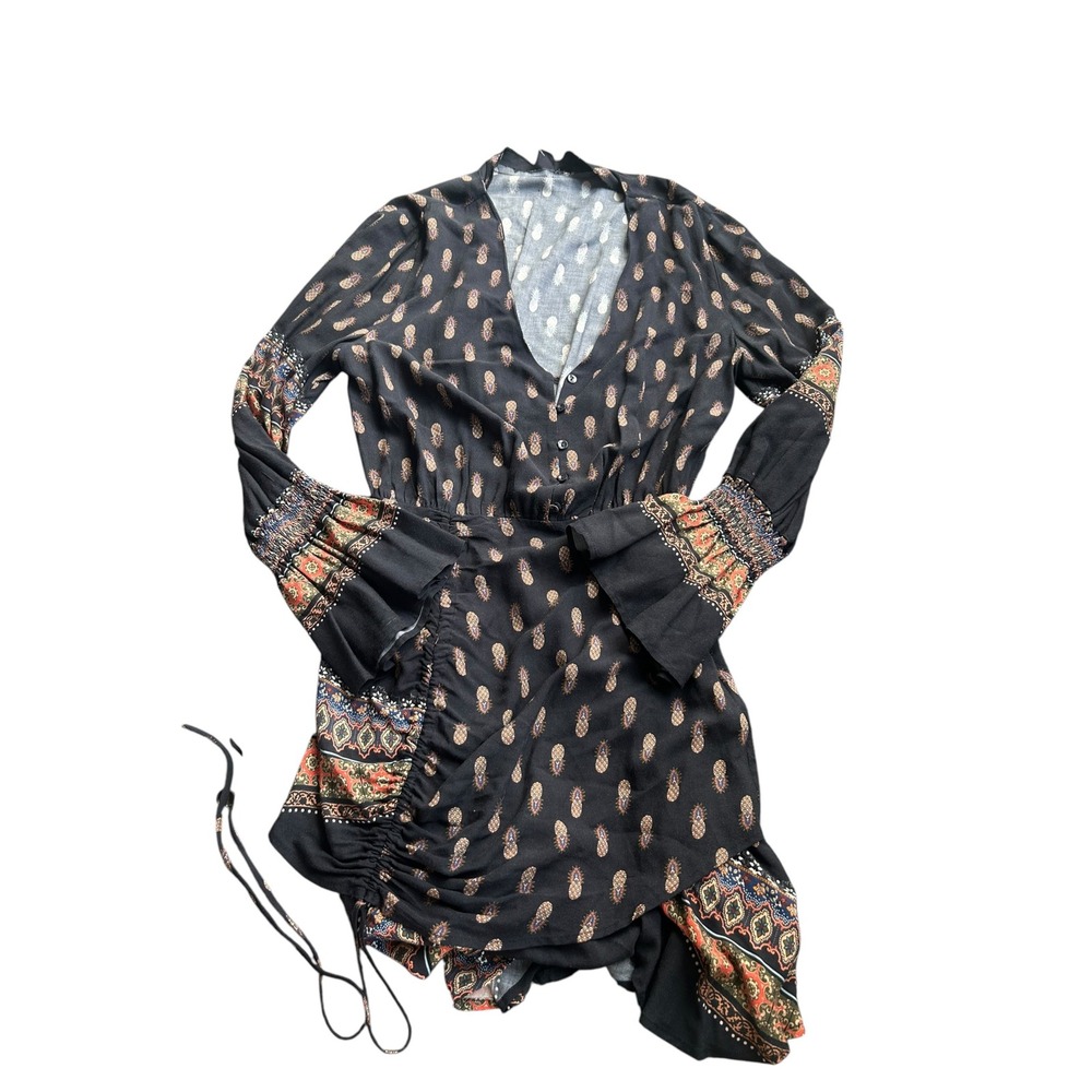 Farm Rio Black Pineapple Paisley Asymmetrical Ruffle Mini Dress Petite Size